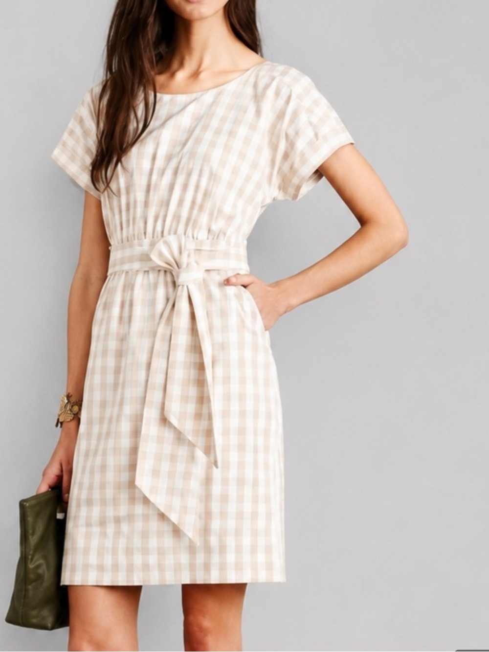 Anthropologie HD in Paris Beige Gingham Tie-Waist Dress size 6